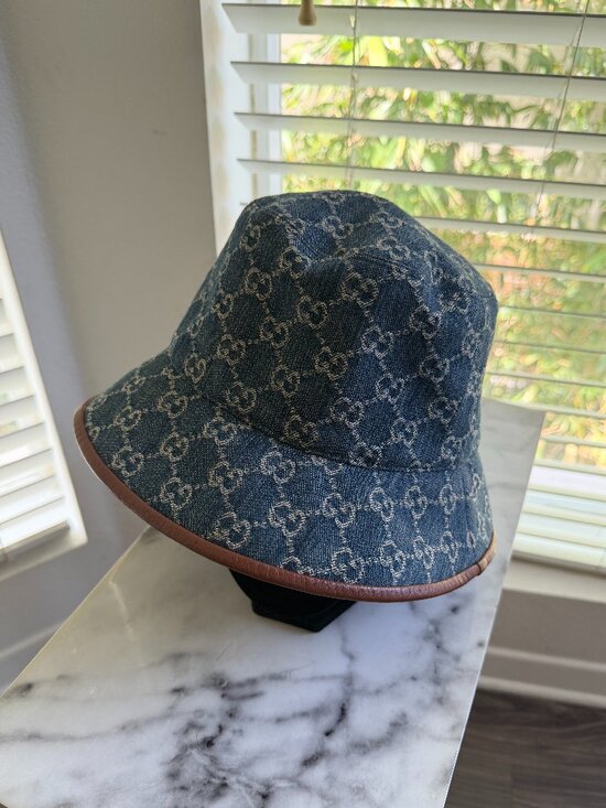 Gucci GG Monogram Blue Denim Bucket Hat — Brown Lambskin Leather Trim, Size M 58 main image 5